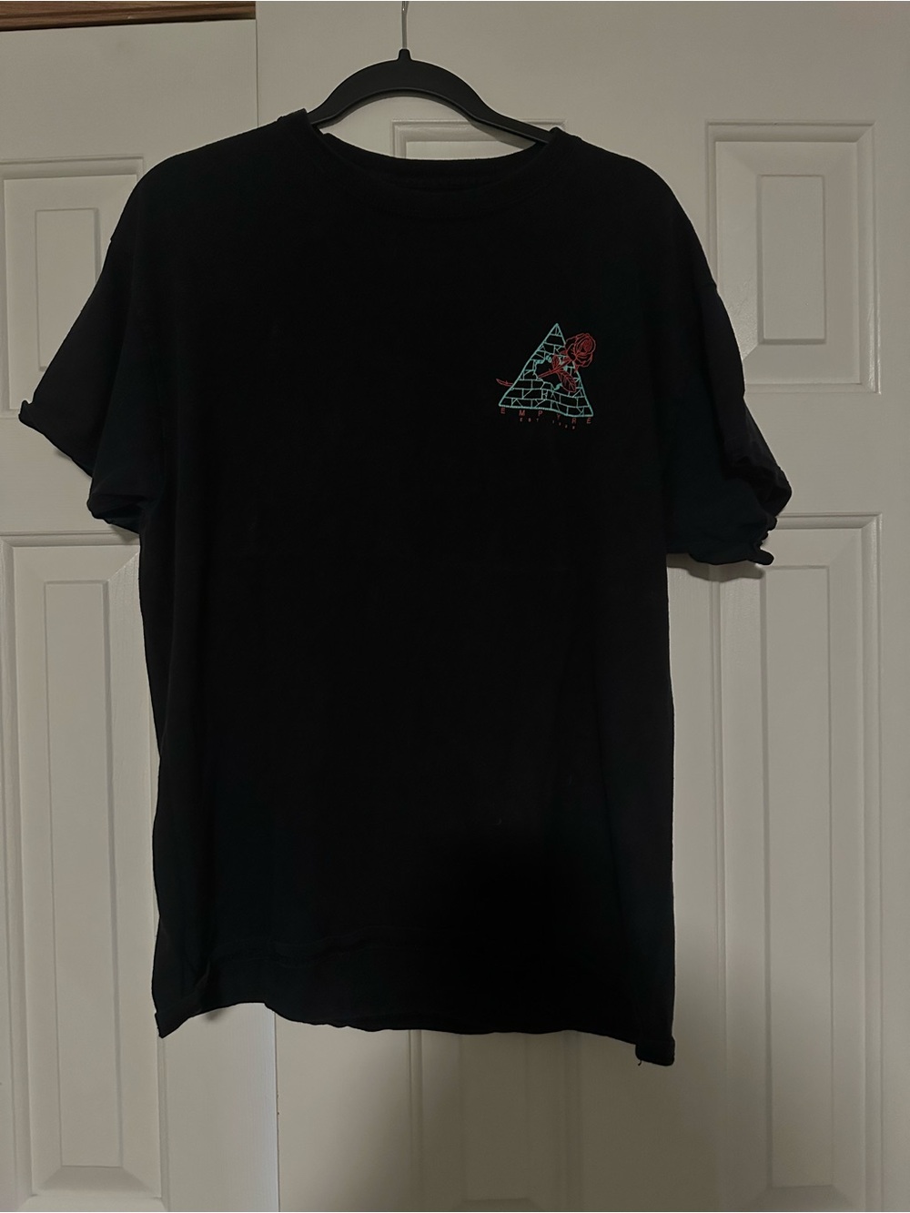 Empyre Black Short-Sleeve Crewneck Tee with Teal Pyramid & Red Rose Graphic